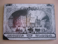 tablou, reprezentand Teatrul din Timisoara, cuprins de flacari